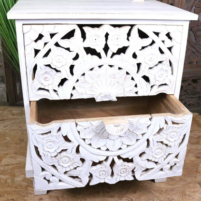 Sohani Wooden Carved Bedside Table Cabinet Distressed White