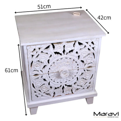Sohani Wooden Carved Bedside Table Cabinet Distressed White