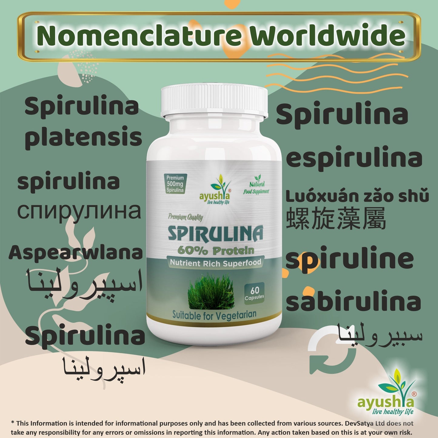Ayushya Spirulina Capsules (Blue-Green Algae) Energy & Nutrition Support - Vegan, Gluten Free, Non-GMO, 60 Capsules
