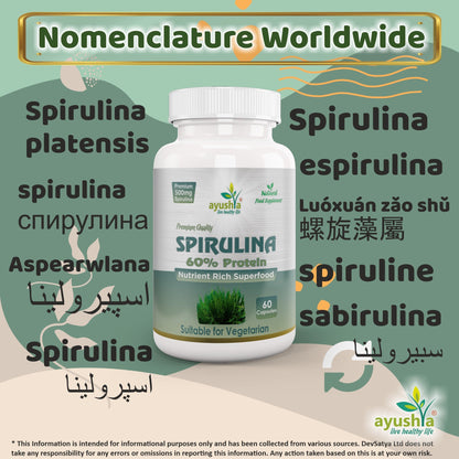 Ayushya Spirulina Capsules (Blue-Green Algae) Energy & Nutrition Support - Vegan, Gluten Free, Non-GMO, 60 Capsules