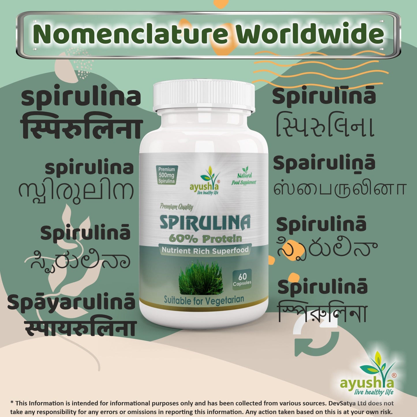 Ayushya Spirulina Capsules (Blue-Green Algae) Energy & Nutrition Support - Vegan, Gluten Free, Non-GMO, 60 Capsules