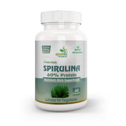 Ayushya Spirulina Capsules (Blue-Green Algae) Energy & Nutrition Support - Vegan, Gluten Free, Non-GMO, 60 Capsules