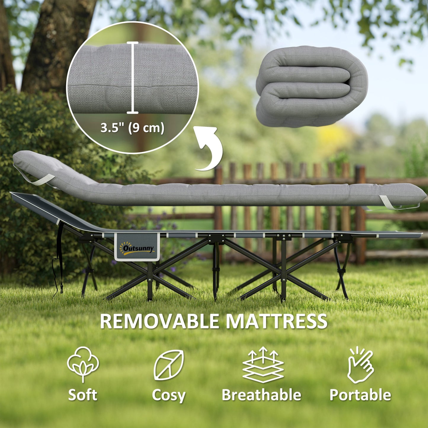 Outsunny 68cm Wide Folding Bed, Camping Cot for Adults with Mattress, Carry Bag, Storage Pocket, Max Load 150kg, Light Grey