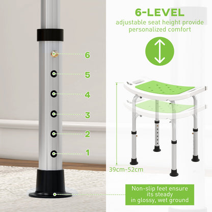 HOMCOM 6-Level Height Adjustable Aluminium Bath Room Stool Chair Shower Non-Slip Design w/ Padded Seat Drainage Holes Foot Pad, Green