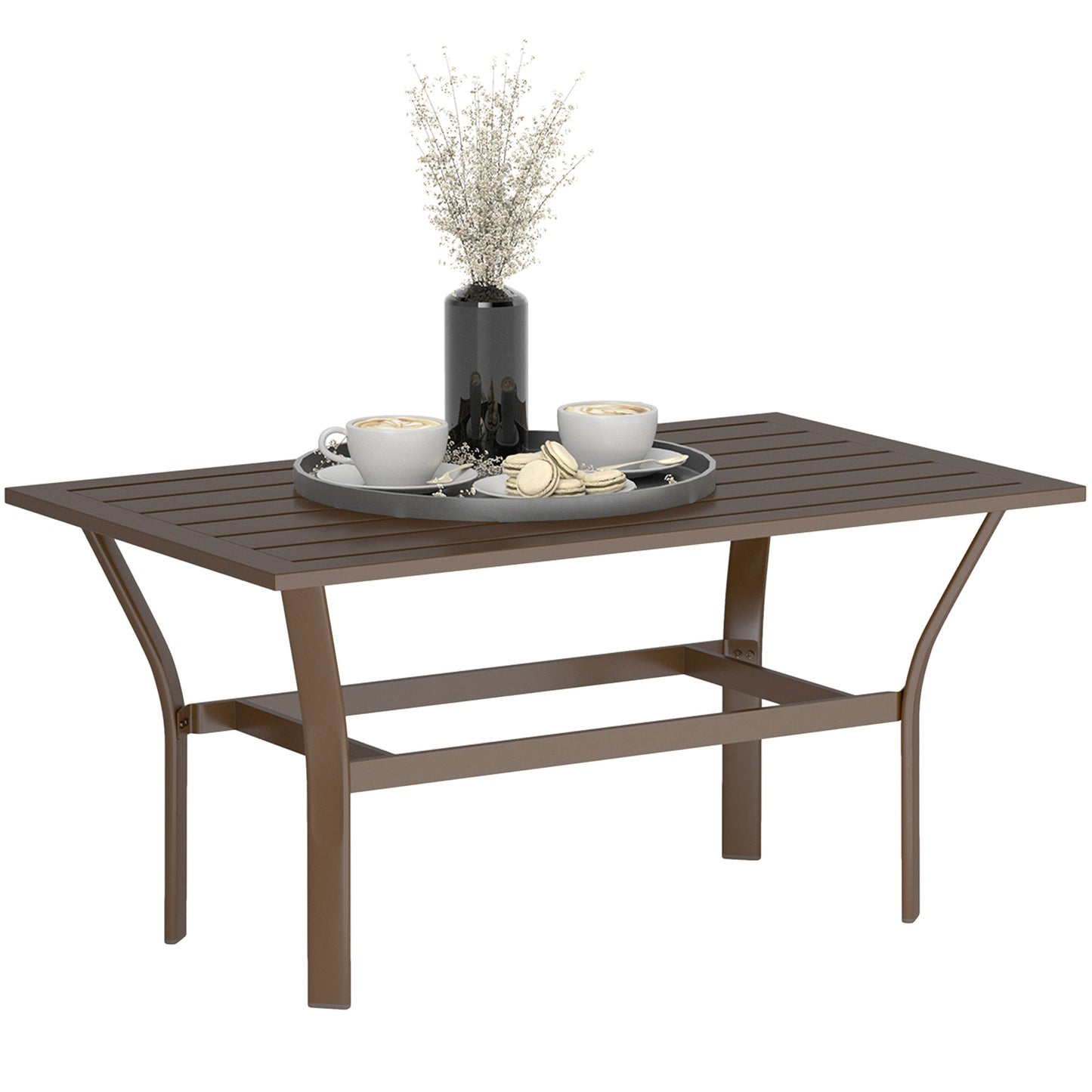 Outsunny Metal Garden Coffee Table, Rectangular Outdoor Side Table with Slatted Tabletop, Foot Pads for Outside, Garden, Balcony, Porch, 91.5 x 55 x 45cm, Brown