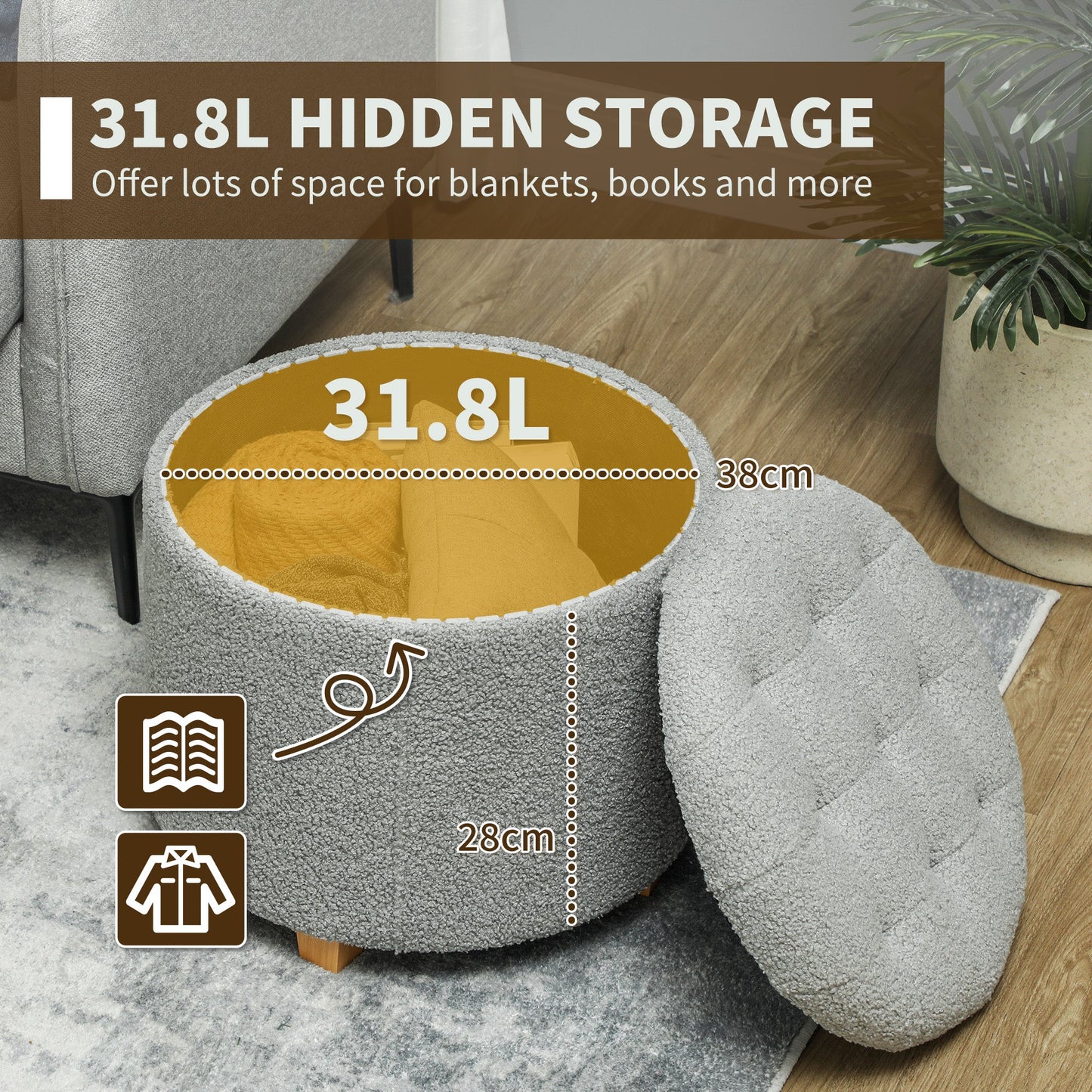 HOMCOM 31.8L Teddy Fleece Storage Ottoman - Grey