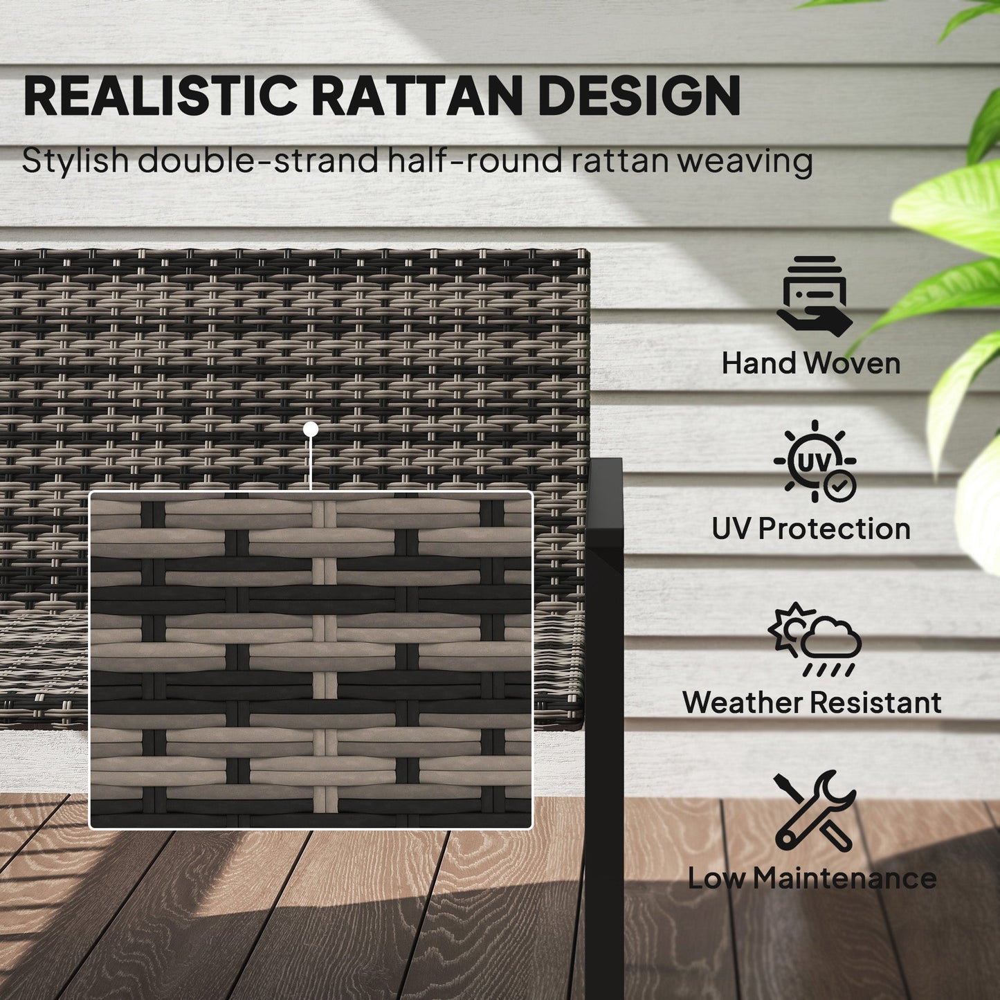 Outsunny 2 Seater Rattan Garden Bench, Outdoor Bench with Quick-Drying Cotton Padding, Wicker Garden Loveseat with Armrests, Steel Frame for Patio, Park, Mixed Grey