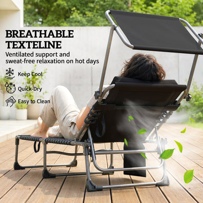 Outsunny Folding Sun Loungers Set of 2 with Canopy, Reclining Sunbed with Cushion, Side Pocket, Carrying Handle, Dark Blue