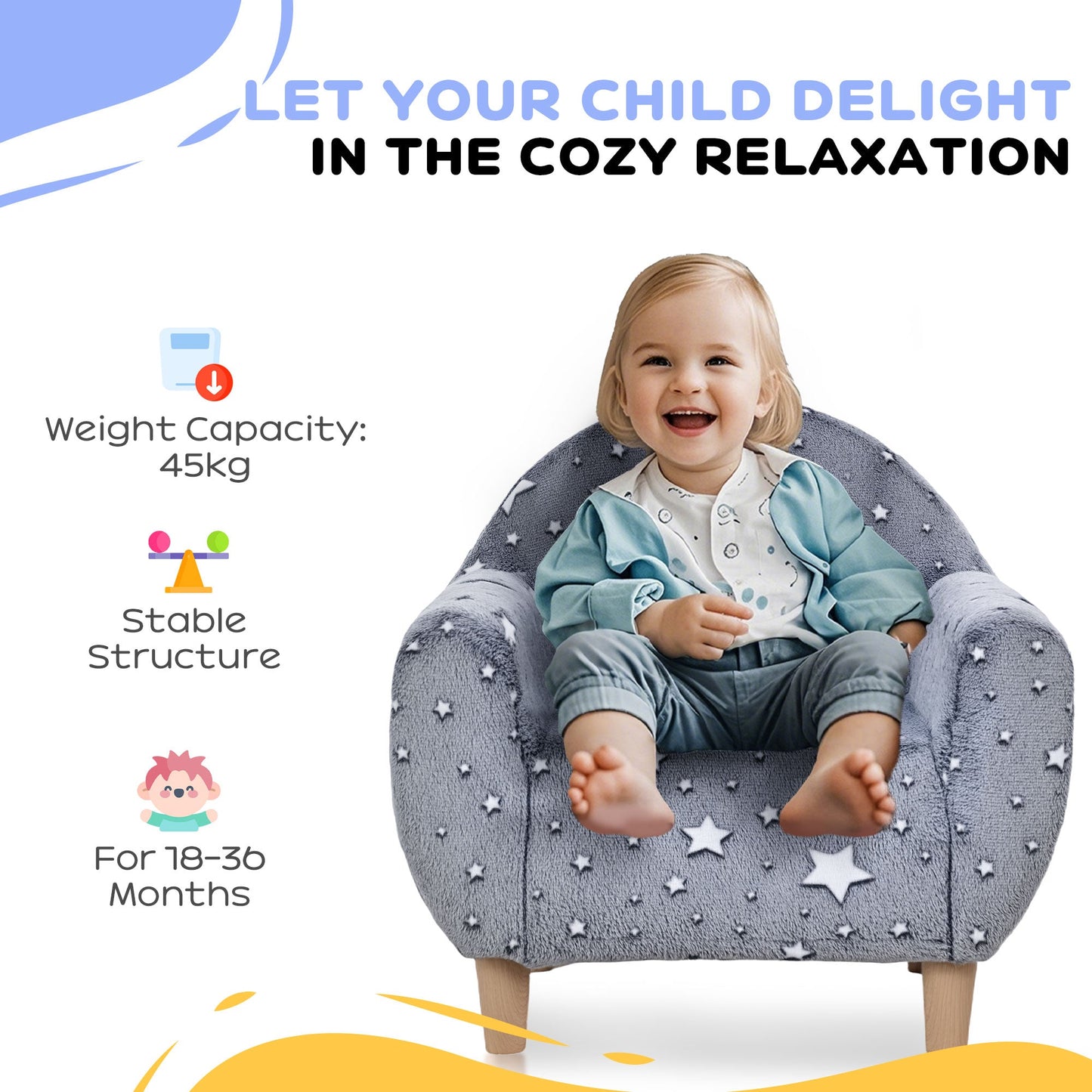 AIYAPLAY Kids Armchair, Glow in the Dark Chair with Star Design for Bedroom, Playroom, Kids Room, Grey