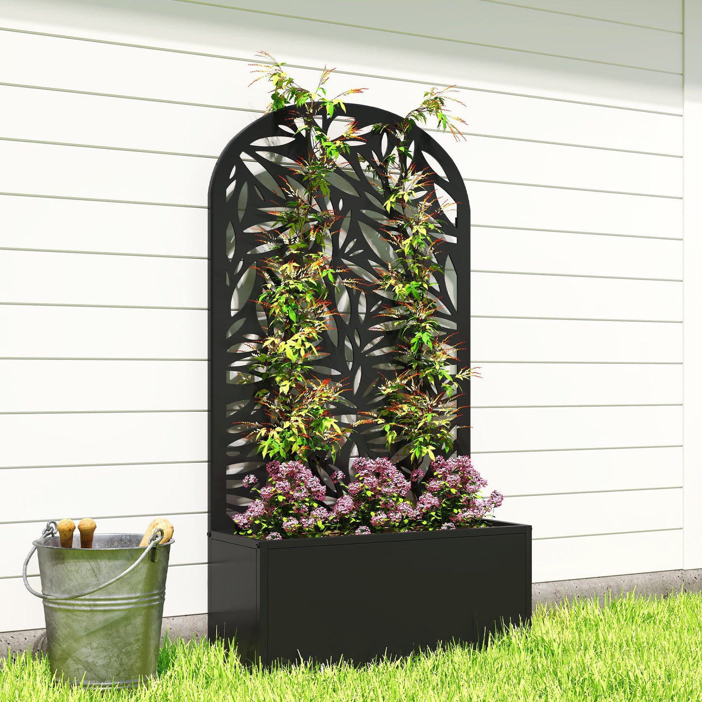 Outsunny Metal Garden Bed for Garden with Trellis, Wall Mounted or Freestanding Raised Planter with Curved Privacy Screen