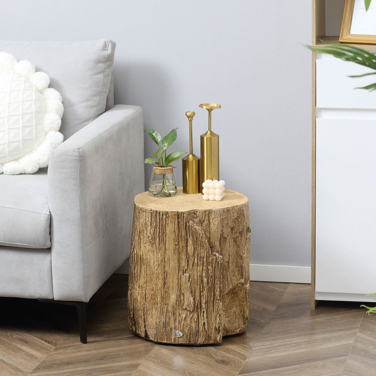 HOMCOM Tree Stump End Table, Round Concrete Side Table for Indoor and Outdoor Use, Natural Wood Effect