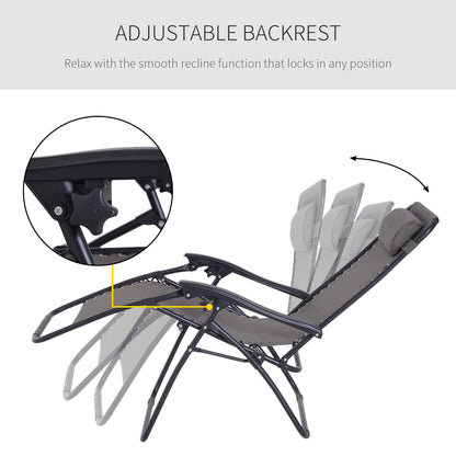 Outsunny Zero Gravity Chair Set of 2, Metal Frame Texteline Armchair Outdoor Folding and Reclining Sun Lounger with Head Pillow for Patio Decking Gardens Camping, Grey