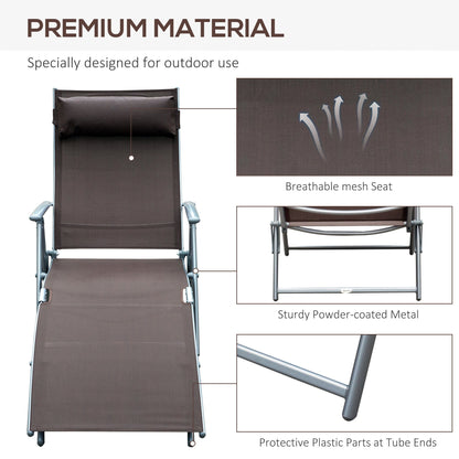 Outsunny Sun Lounger Steel Frame Outdoor Folding Chaise Texteline Lounge Chair Recliner with Headrest & 7 Levels Adjustable Backrest, Brown