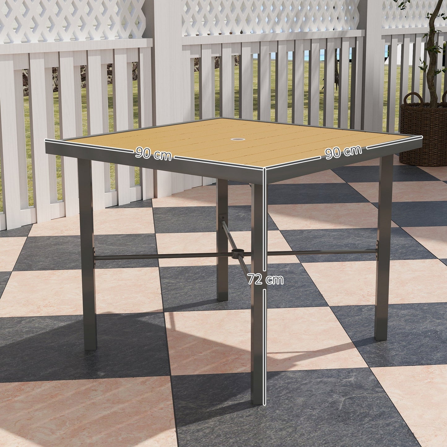 Outsunny Garden Table, 90cm Square Outdoor Patio Dining Table with 4.2 cm Umbrella Hole, Metal Frame, Wood Effect Top, for Terrace, Balcony, Natural Wood Finish