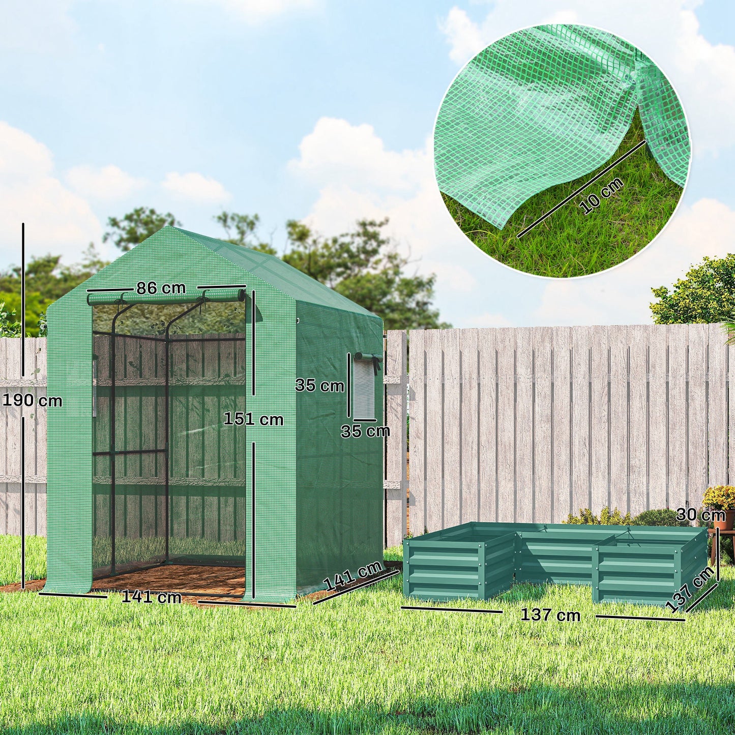 Outsunny Small Greenhouse with Raised Garden Bed, Galvanised Walk-in Greenhouse with Roll Up Windows, 141 x 141 x 190 cm, Green