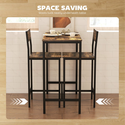 HOMCOM 3-Piece Bar Table Set with 2 Stools, Industrial Breakfast Bar Set with Footrest, Backrest for Dining Room, Small Space