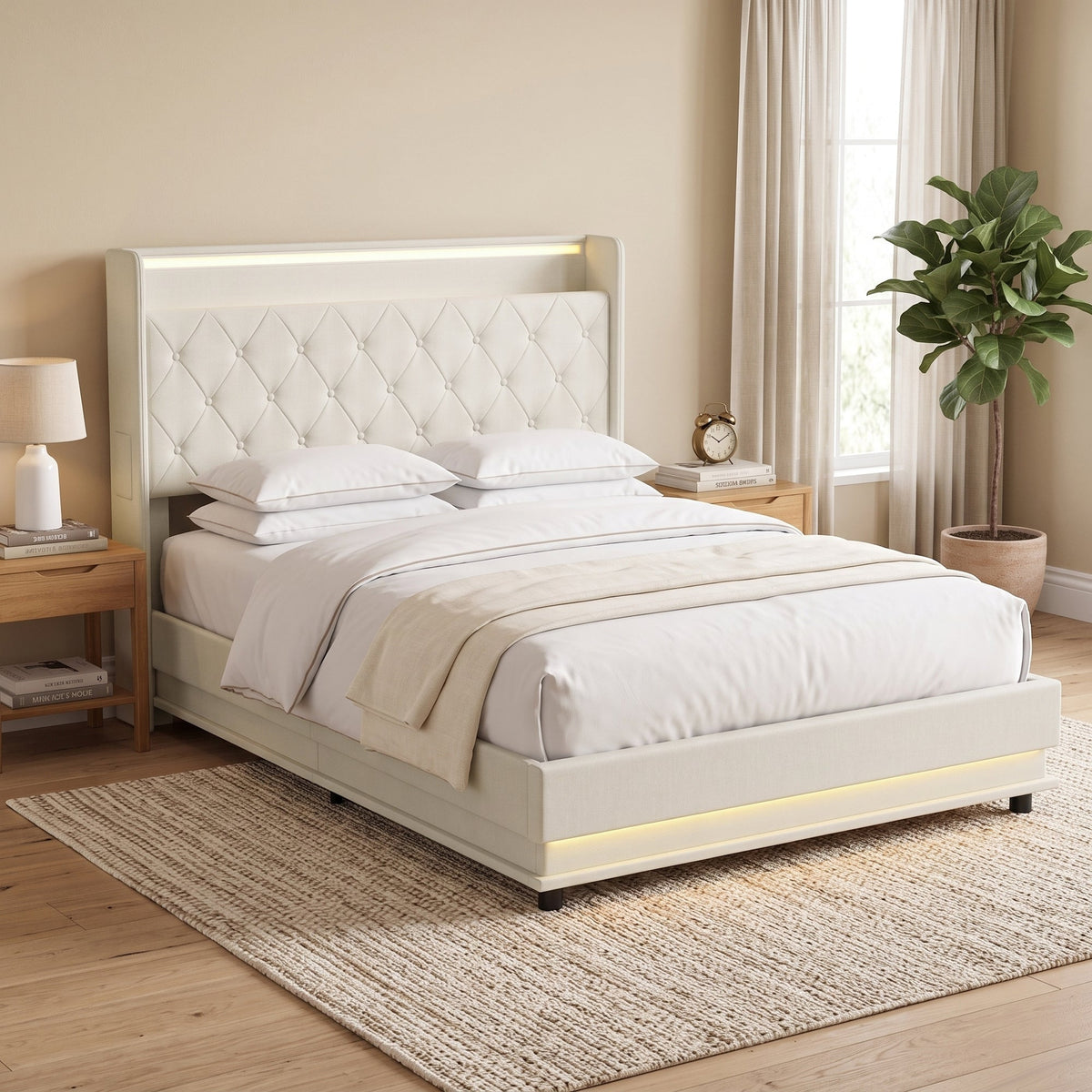 HOMCOM 4ft6 Double Bed Frame with Headboard, Platform Bed Frame with Hydraulic Storage, LED Lights and Charging Station, Cream