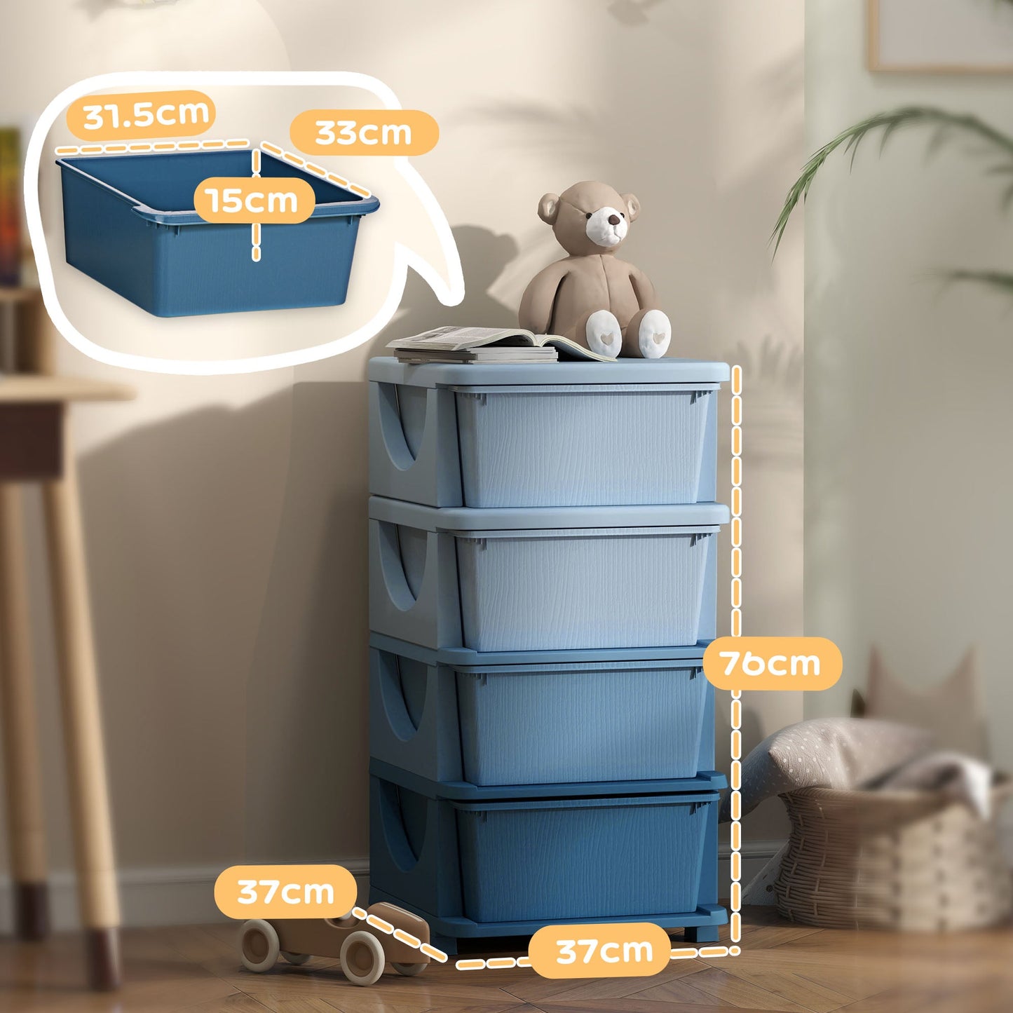 HOMCOM Four-Tier Kids Storage Boxes, with Four Drawers - Blue