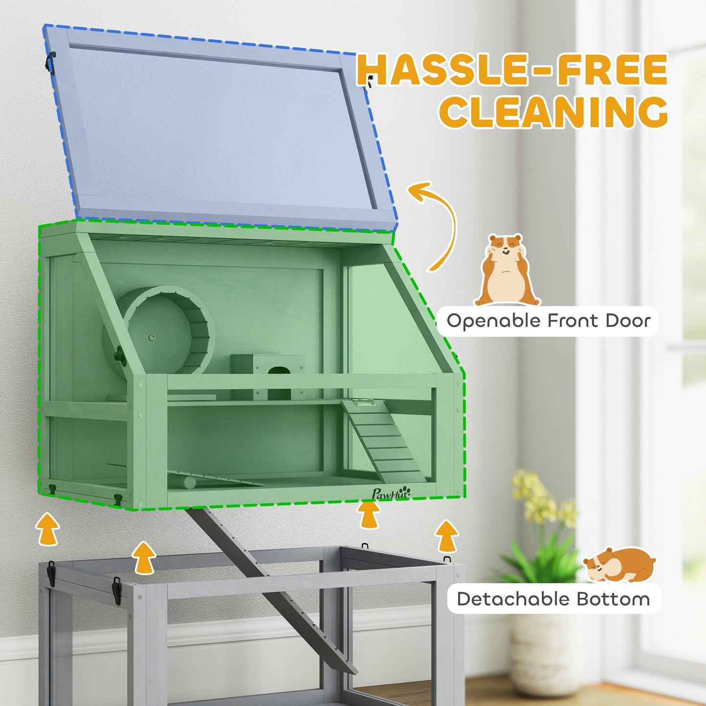 PawHut Wooden Hamster Cage with Detachable 32cm Deep Bottom, Hut, Seesaw, Exercise Wheel, Ramp, 60 x 40 x 75cm, Light Grey