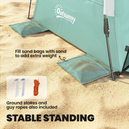 Outsunny 2-3 Person Pop Up Beach Tent, UPF15+ Sun Shelter with Extended Floor, Sandbags, Mesh Windows and Carry Bag, Green