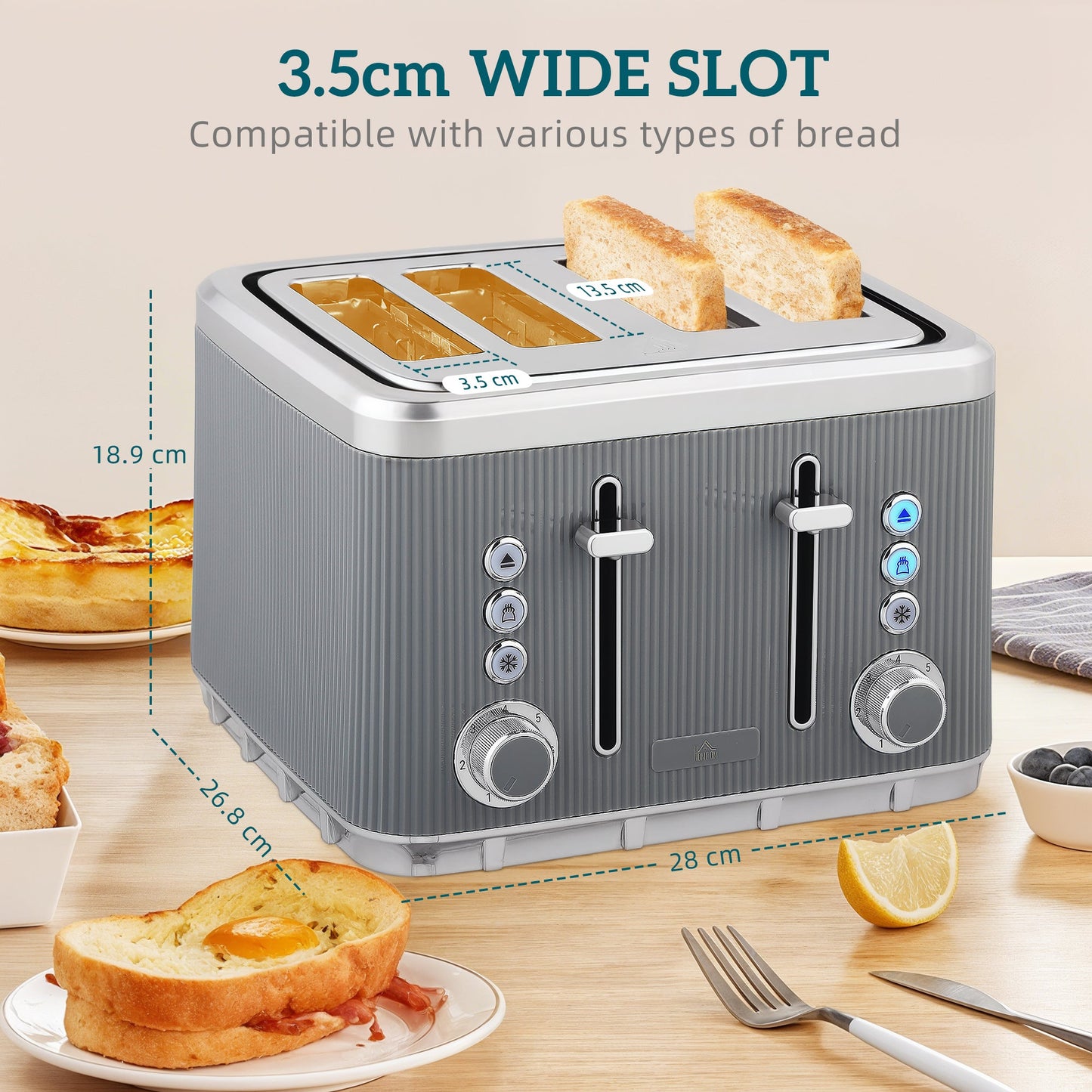 HOMCOM Electric Stainless Steel Kettle and Toaster Set, 3000W 1.7L UK Strix Thermostat Fast Boil Kettle w/ Limescale Filter, Cool Touch Body, 4 Slice Toaster with 7 Browning Levels, Crumb Tray, Grey