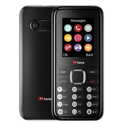 TTfone TT150 Unlocked Basic Mobile Phone UK Sim Free, Long Battery Life, Dual Sim with camera and games, easy to use, durable and light weight pay as you go - Black with Mains Charger and Vodafone Sim Card