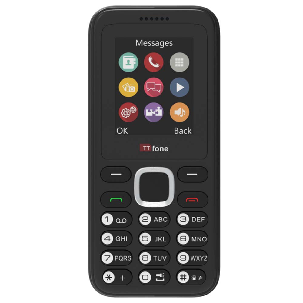 TTfone TT150 Unlocked Basic Mobile Phone UK Sim Free, Long Battery Life, Dual Sim with camera and games, easy to use, durable and light weight pay as you go - Black with Mains Charger and Vodafone Sim Card