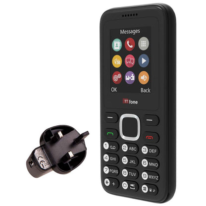 TTfone TT150 Unlocked Basic Mobile Phone UK Sim Free, Long Battery Life, Dual Sim with camera and games, easy to use, durable and light weight pay as you go - Black with Mains Charger and Vodafone Sim Card