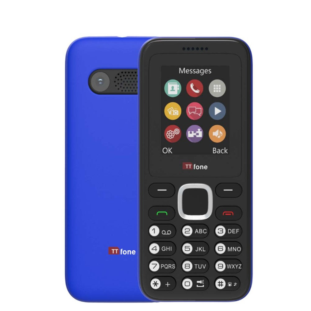 TTfone TT150 Unlocked Basic Mobile Phone UK Sim Free, Long Battery Life, Dual Sim with camera and games, easy to use, durable and light weight pay as you go - Blue with Mains Charger and Vodafone Sim Card