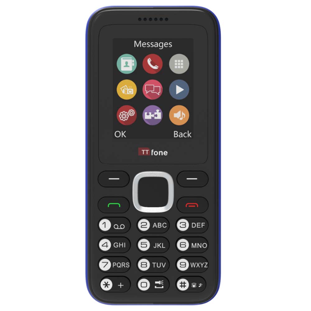 TTfone TT150 Unlocked Basic Mobile Phone UK Sim Free, Long Battery Life, Dual Sim with camera and games, easy to use, durable and light weight pay as you go - Blue with Mains Charger