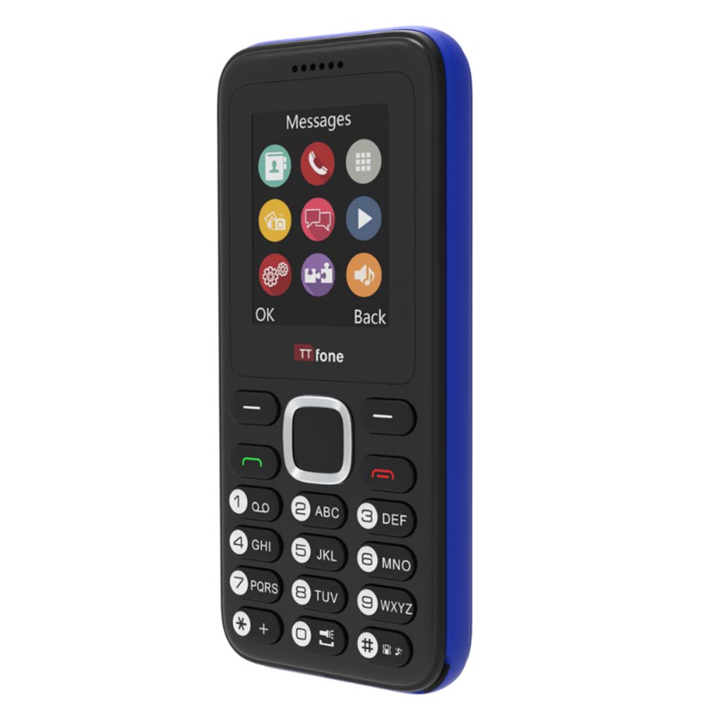 TTfone TT150 Unlocked Basic Mobile Phone UK Sim Free, Long Battery Life, Dual Sim with camera and games, easy to use, durable and light weight pay as you go - Blue with Mains Charger and O2 Sim Card