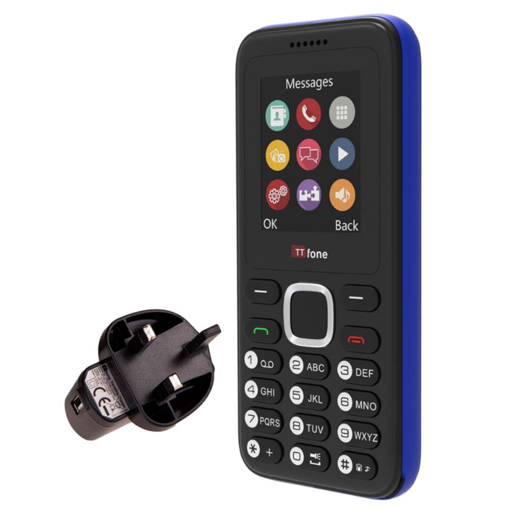 TTfone TT150 Unlocked Basic Mobile Phone UK Sim Free, Long Battery Life, Dual Sim with camera and games, easy to use, durable and light weight pay as you go - Blue with Mains Charger