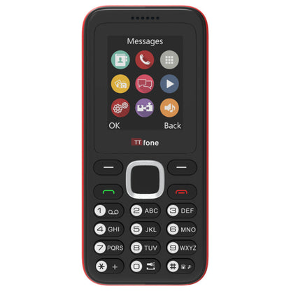 TTfone TT150 Unlocked Basic Mobile Phone UK Sim Free, Long Battery Life, Dual Sim with camera and games, easy to use, durable and light weight pay as you go - Red with Mains Charger