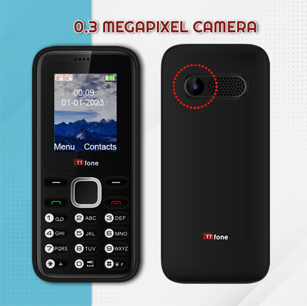 TTfone TT150 Unlocked Basic Mobile Phone UK Sim Free, Long Battery Life, Dual Sim with camera and games, easy to use, durable and light weight pay as you go - Black with Mains Charger and Vodafone Sim Card