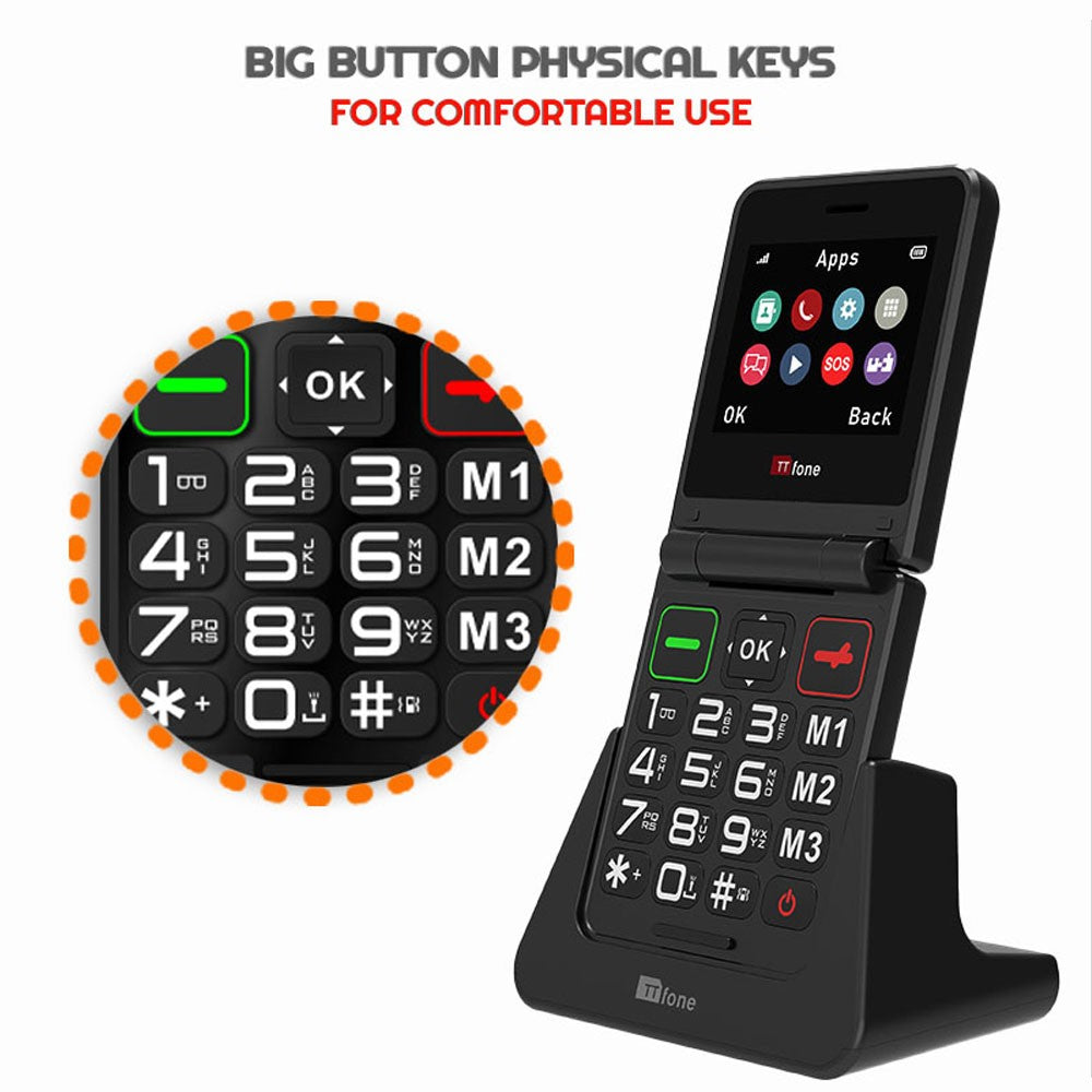 TTfone TT660 Flip Mobile Phone for Seniors - Folding Design, Big Buttons, Emergency Assistance, Long Battery Life with Dock Charger and EE Sim Card