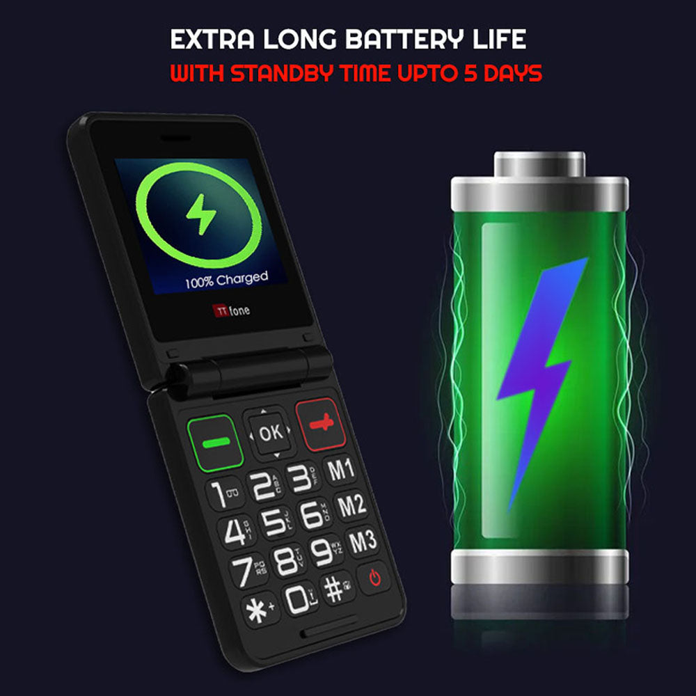 TTfone TT660 Flip Mobile Phone for Seniors - Folding Design, Big Buttons, Emergency Assistance, Long Battery Life with Mains Charger and O2 Sim Card