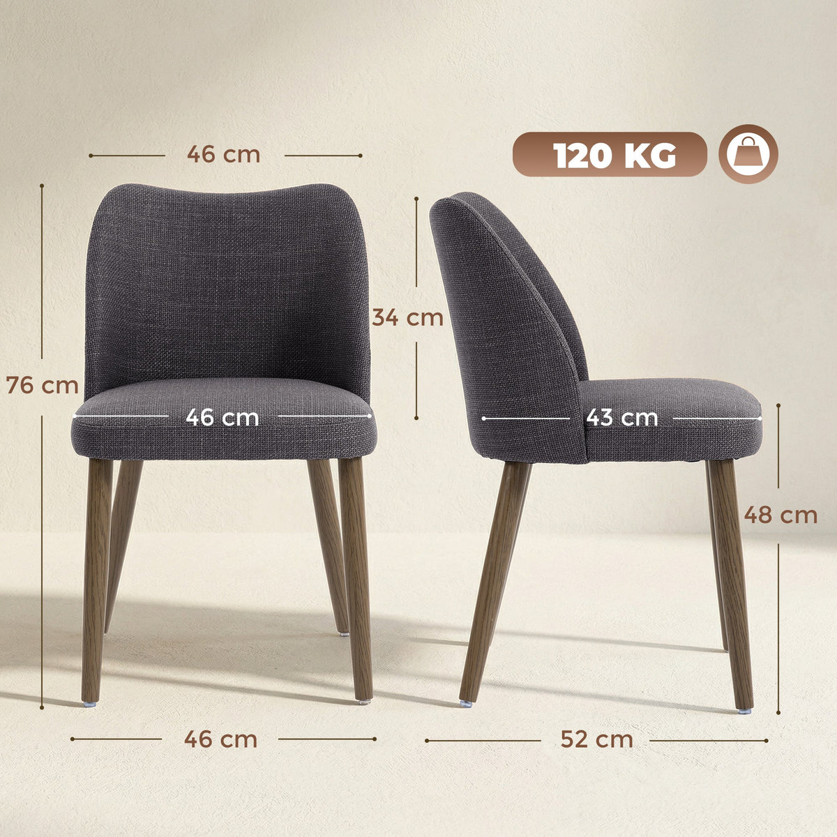 HOMCOM Dining Chairs Set of 2, Linen Upholstered Kitchen Chairs with Padded Seat, Curved Backrest, Rubberwood Legs, Dark Grey