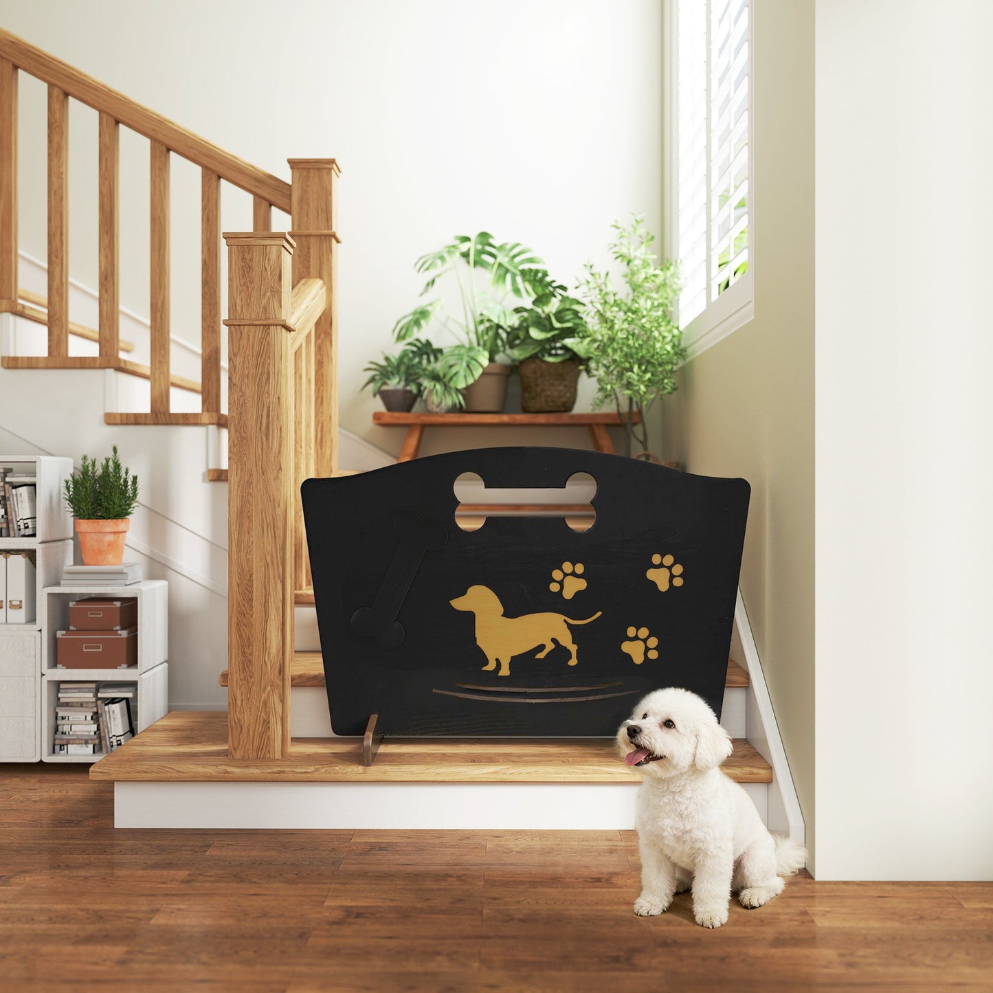 PawHut Wooden Dog Stopper, Dog Barrier with Support Feet, for Stair, Patio, Very Easy Setup, Black, 75 x 51 cm