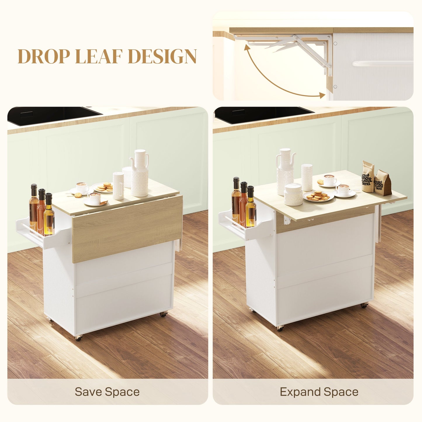 HOMCOM Rolling Kitchen Island with Drop Leaf, Kitchen Storage Cart with Drawer, Spice Rack and Towel Rack, White