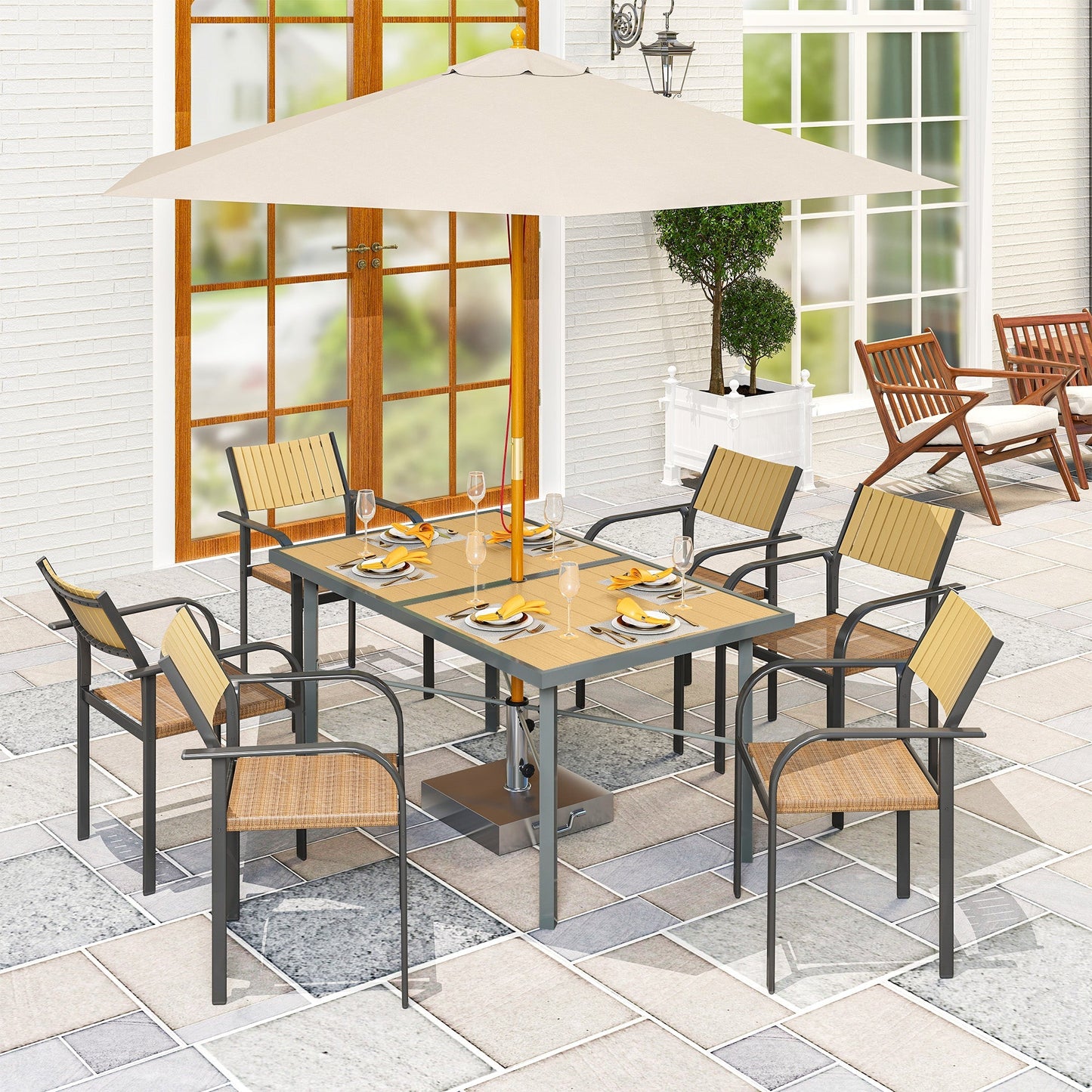 Outsunny Garden Table for 6, Outdoor Dining Table with 5cm Umbrella Hole, Wood Effect Top, Rust Resistant Frame, for Patio, Balcony, Terrace, 150 x 90 cm