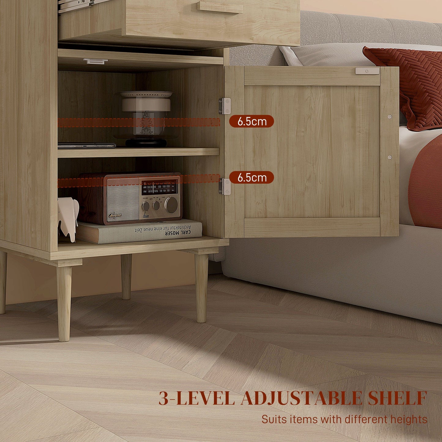 HOMCOM Bedside Tables Set of 2, Rattan Side Tables with Drawer, Cabinet and Adjustable Shelf, Boho Bedside Cabinets with Storage for Bedroom, Living Room, Natural Wood Finish