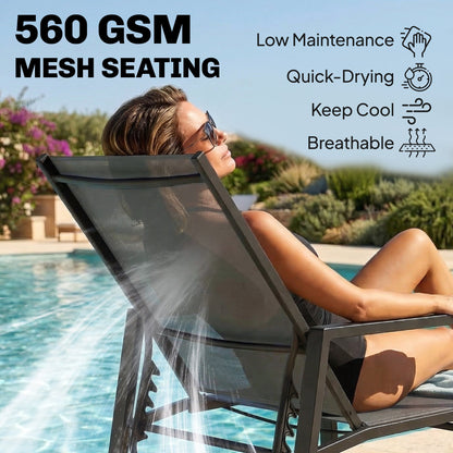Outsunny Sun Loungers Set of 2 Retractable Footrest 5-Position Adjustable Steel Frame for Beach, Porch, Patio, Camping, Dark Grey