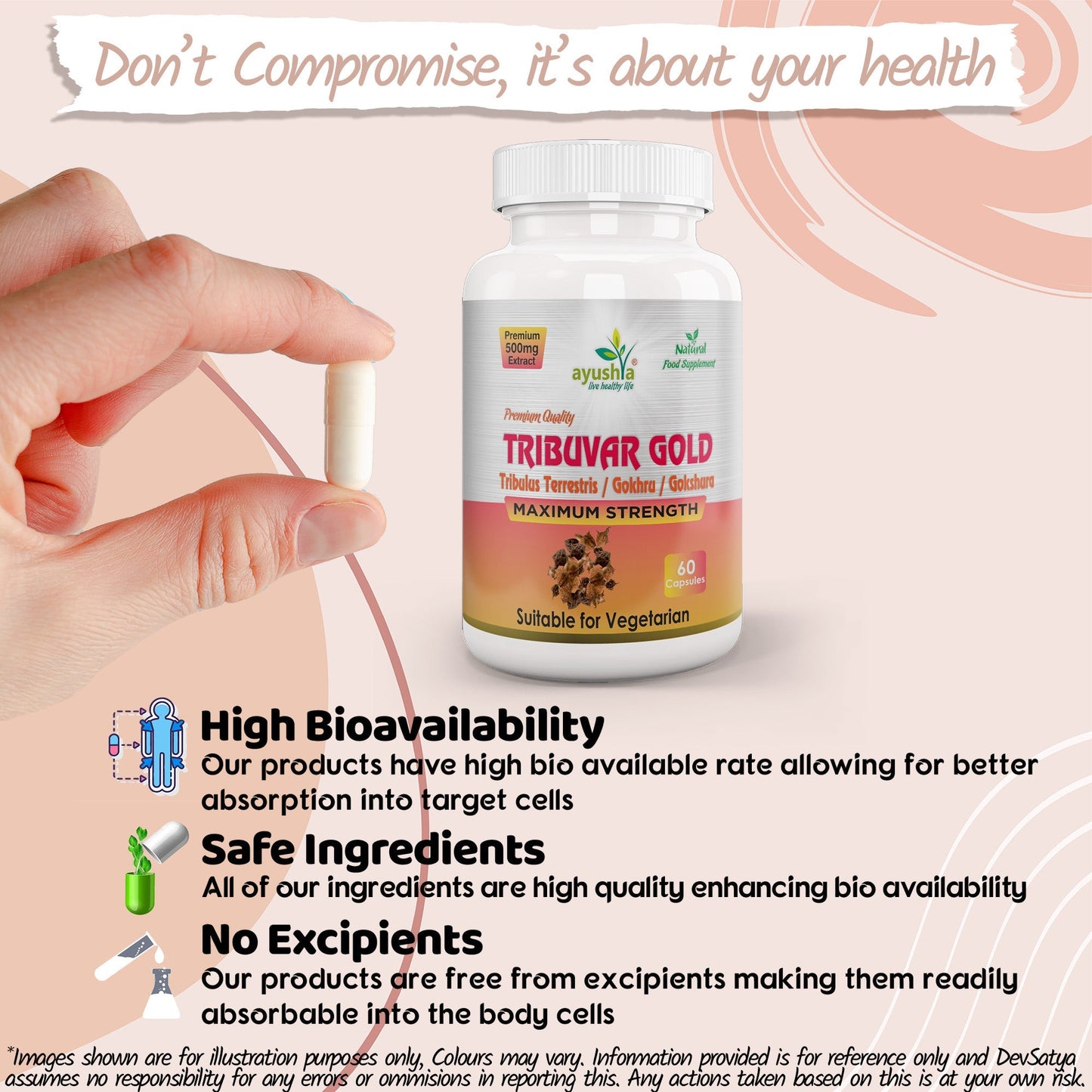 Ayushya Tribuvar Gold (Tribulus Terrestris) Capsules (Gokshura, Gokhru) Vitality & Urinary Wellness Support - Vegan, Gluten Free, Non-GMO, 60 Capsules