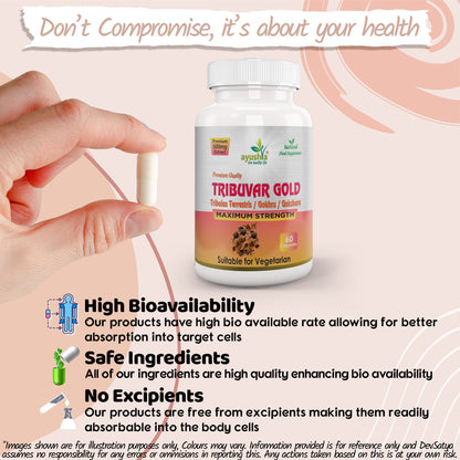 Ayushya Tribuvar Gold (Tribulus Terrestris) Capsules (Gokshura, Gokhru) Vitality & Urinary Wellness Support - Vegan, Gluten Free, Non-GMO, 60 Capsules
