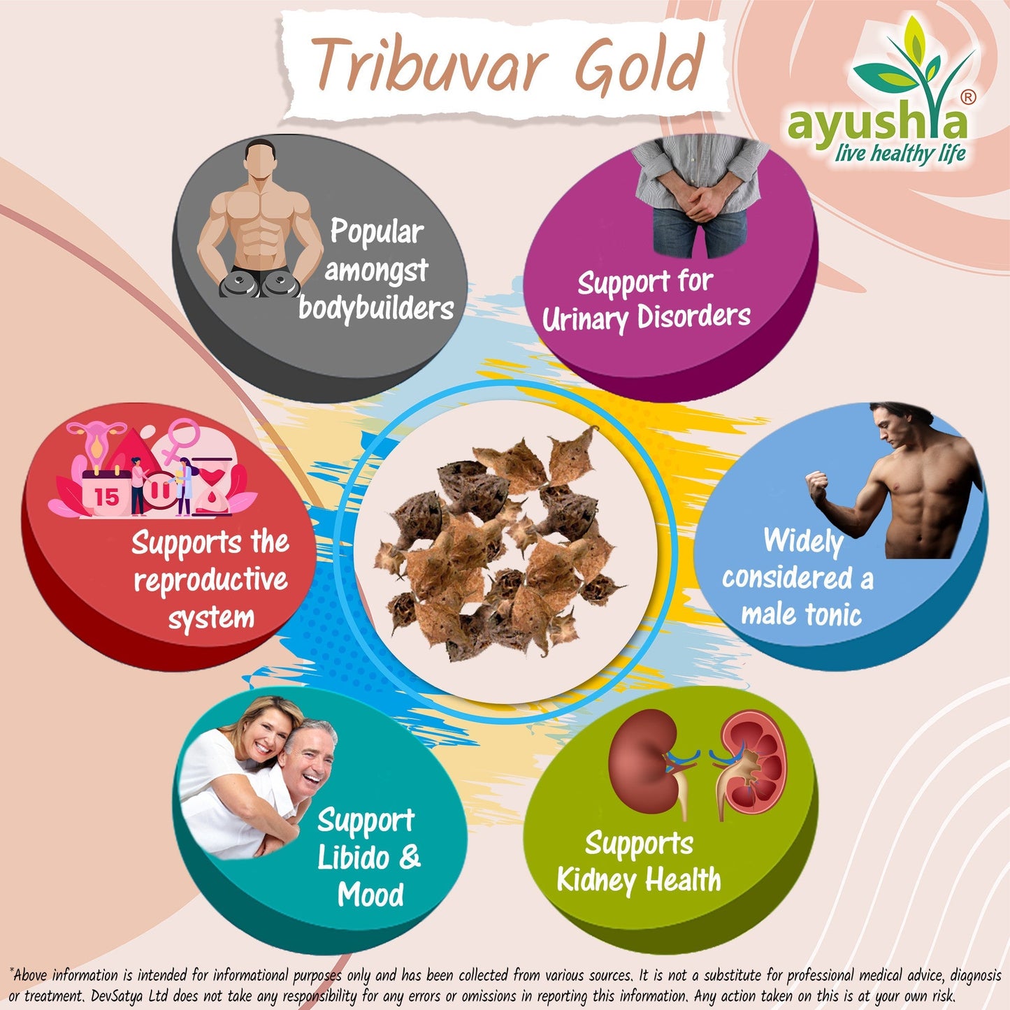 Ayushya Tribuvar Gold (Tribulus Terrestris) Capsules (Gokshura, Gokhru) Vitality & Urinary Wellness Support - Vegan, Gluten Free, Non-GMO, 60 Capsules