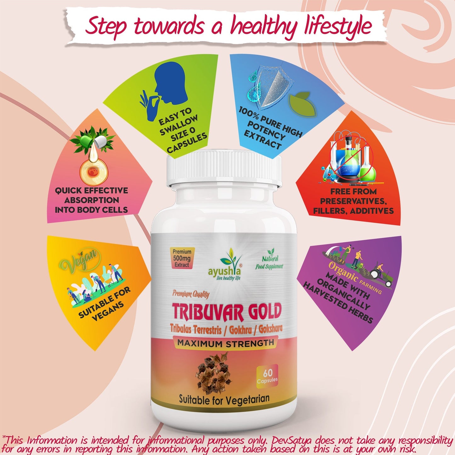 Ayushya Tribuvar Gold (Tribulus Terrestris) Capsules (Gokshura, Gokhru) Vitality & Urinary Wellness Support - Vegan, Gluten Free, Non-GMO, 60 Capsules