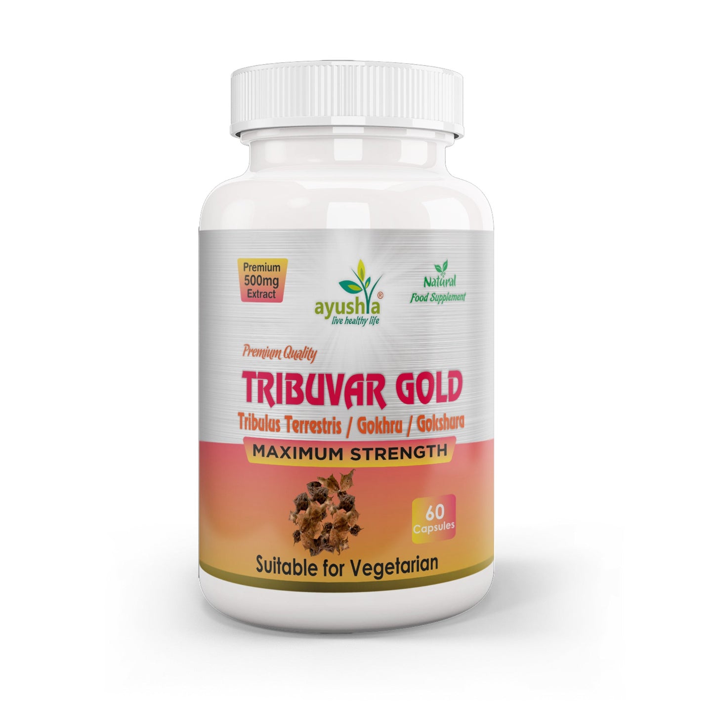 Ayushya Tribuvar Gold (Tribulus Terrestris) Capsules (Gokshura, Gokhru) Vitality & Urinary Wellness Support - Vegan, Gluten Free, Non-GMO, 60 Capsules