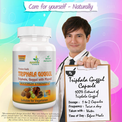 Ayushya Triphala Guggul Capsules (Triphala Guggulu) Healthy Weight & Joint Comfort Support - Vegan, Gluten Free, Non-GMO, 60 Capsules