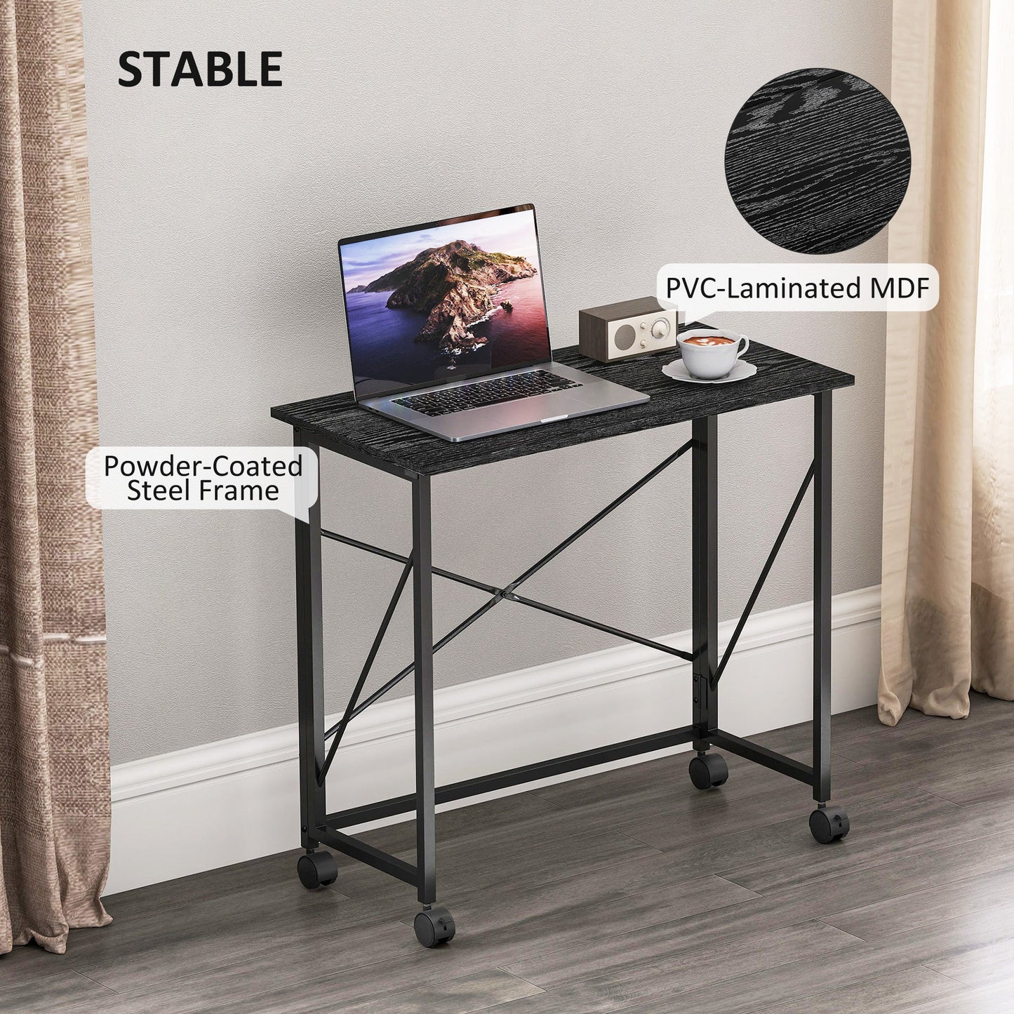 HOMCOM 80 cm Folding Desk on Wheels - Black