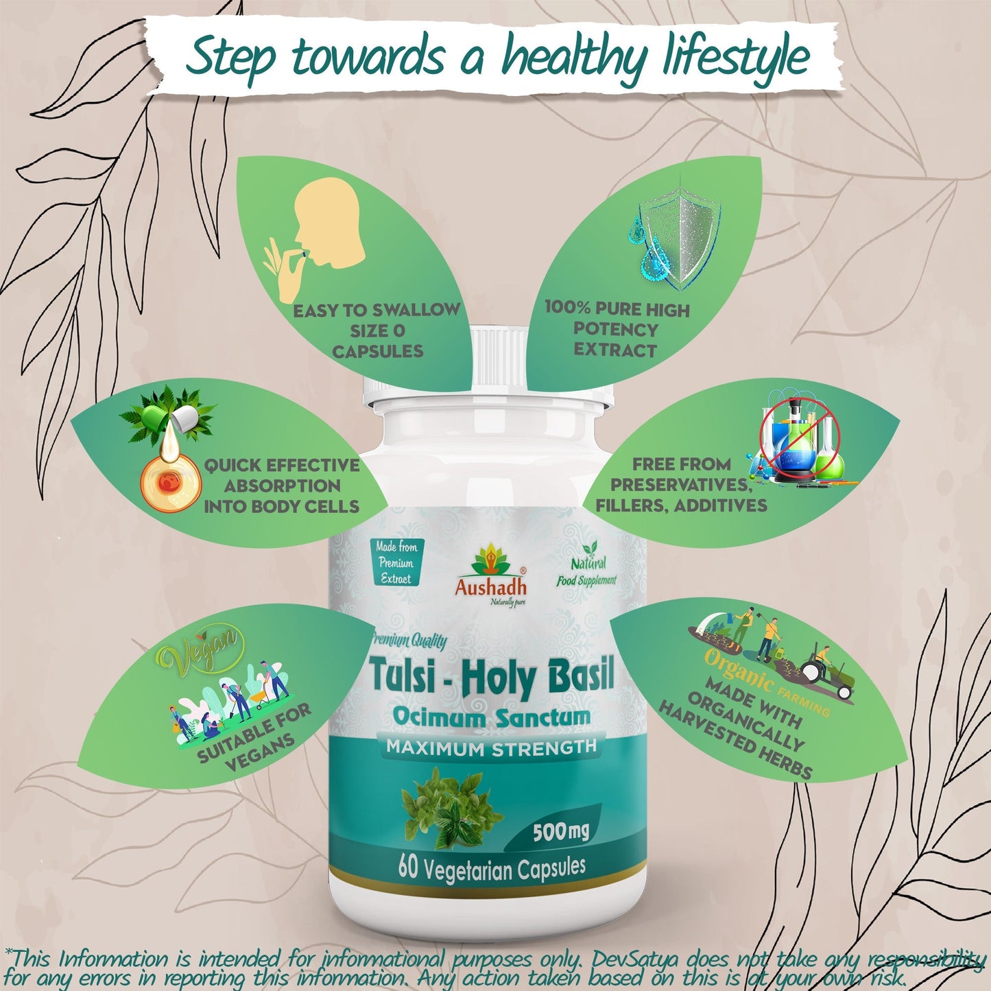 Aushadh Holy Basil Capsules (Tulsi) Stress Balance & Immune Wellness Support - Vegan, Gluten Free, Non-GMO, 60 Capsules